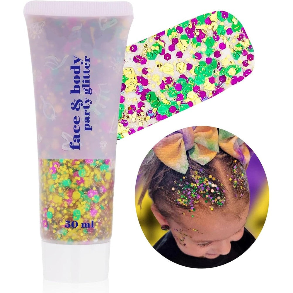 Go Ho face and body glitter gel tube front view highlighting gold green and purple holographic sequins