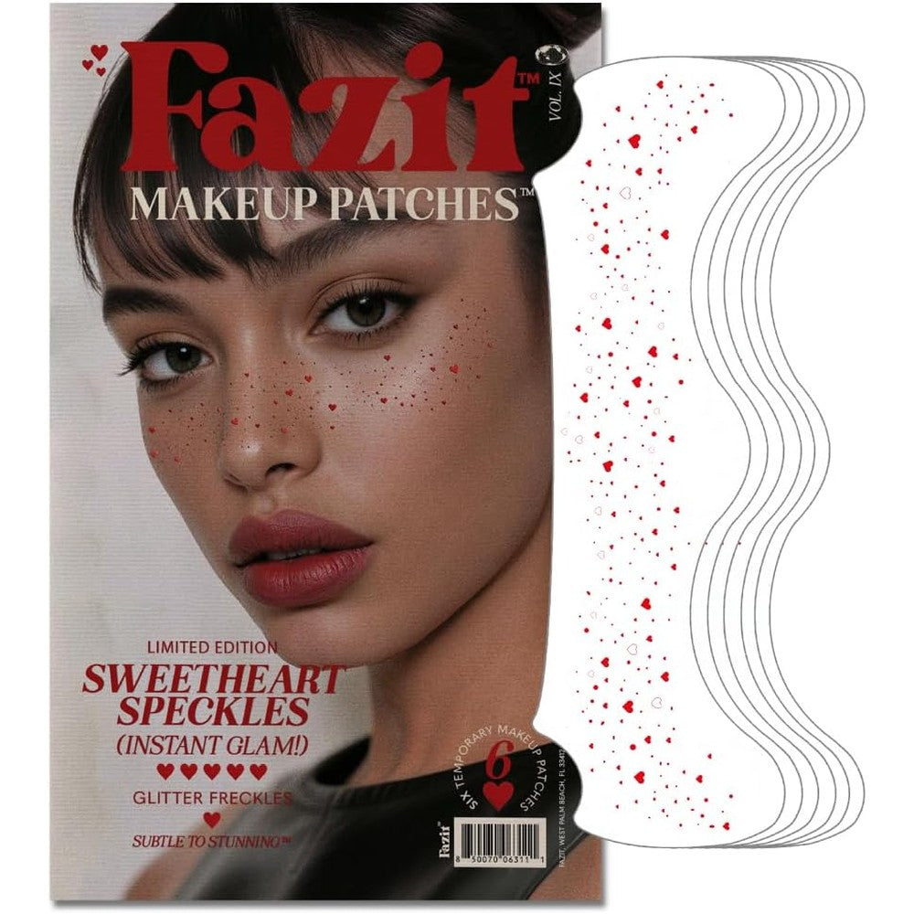 Fazit Makeup Patches Sweetheart Speckles front packaging view showing red heart glitter freckles design.