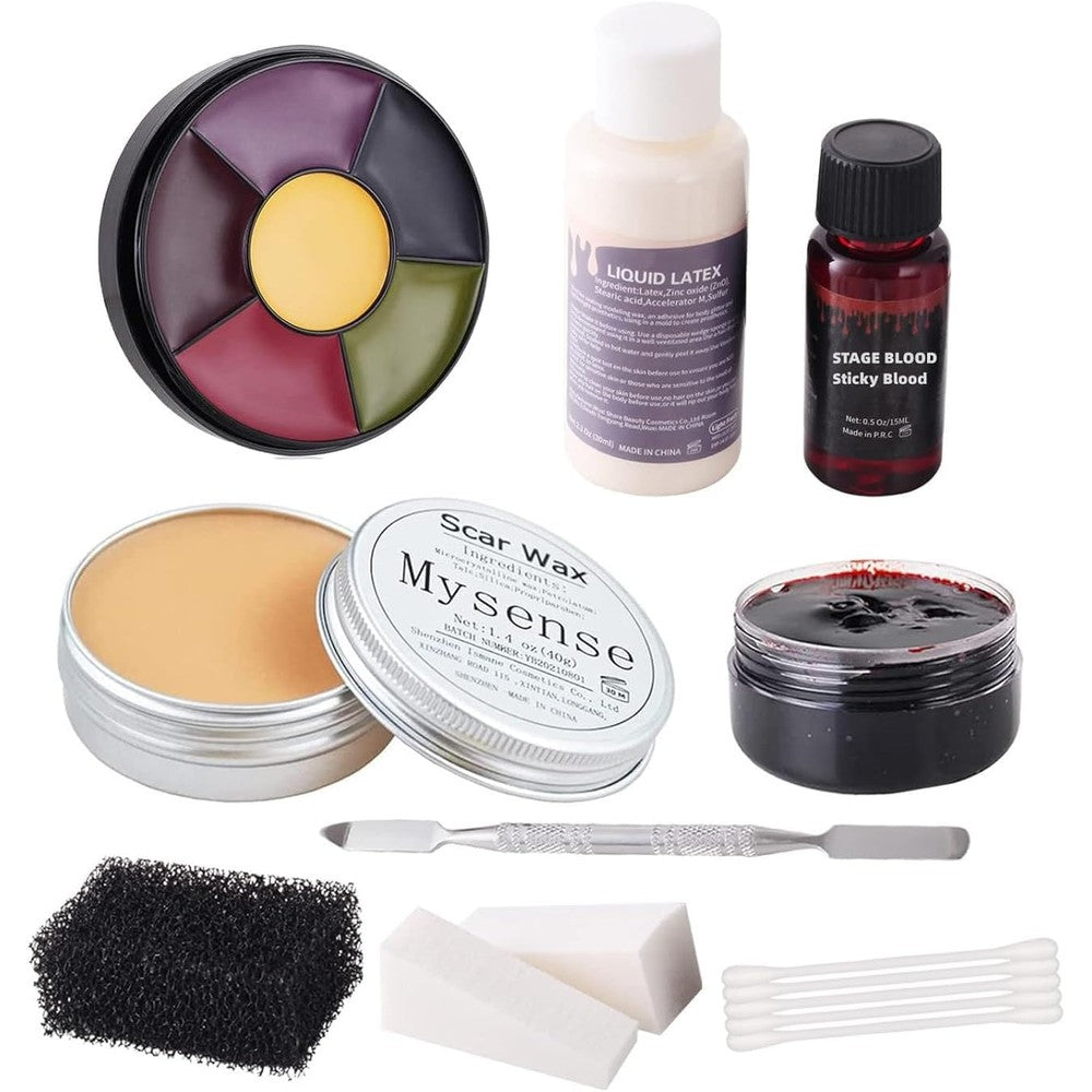 Mysense Liquid Latex Scar Wax SFX Makeup Kit front view showing complete package contents
