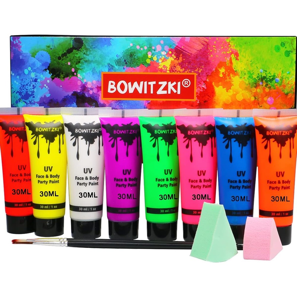 Bowitzki UV Neon Face and Body Paint liquid kit front view showcasing eight neon tubes with brushes and sponges