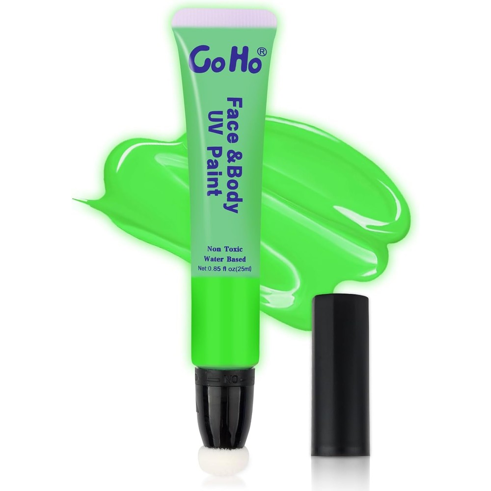 Go Ho UV Blacklight Neon Green Face And Body Paint tube front view showing cushion applicator tip.