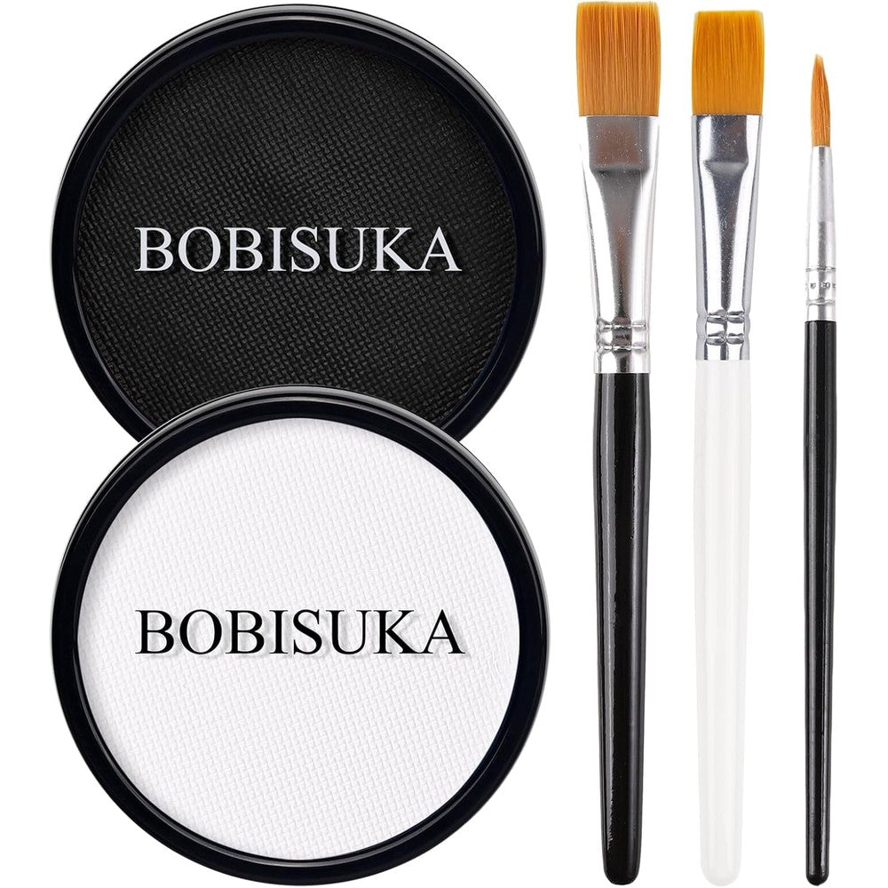 BOBISUKA Black and White Face Body Paint pans with 3 professional makeup brushes