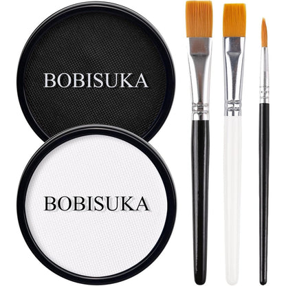 BOBISUKA Black and White Face Body Paint pans with 3 professional makeup brushes