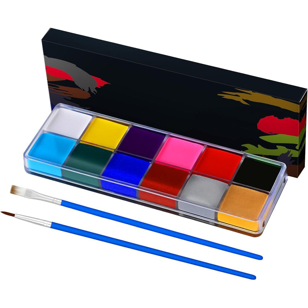 Asddage professional face painting kit for kids front view showing twelve colorful oil based makeup pigments