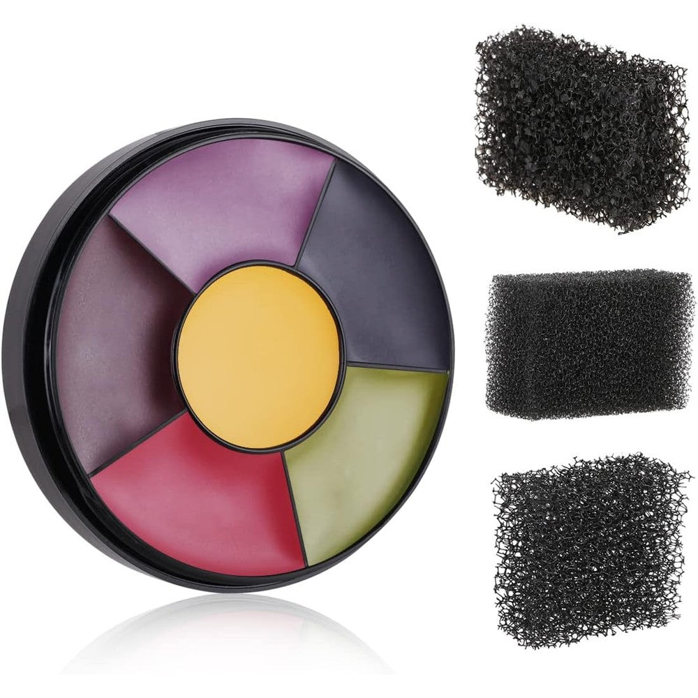 MEICOLY 6 Color Bruise Wheel front view of special effects makeup palette with stipple sponges.