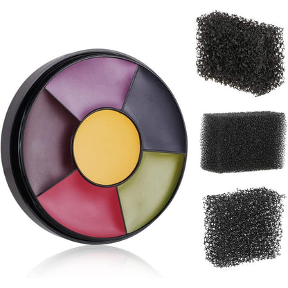MEICOLY 6 Color Bruise Wheel front view of special effects makeup palette with stipple sponges.
