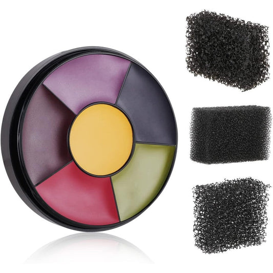MEICOLY 6 Color Bruise Wheel front view of special effects makeup palette with stipple sponges.