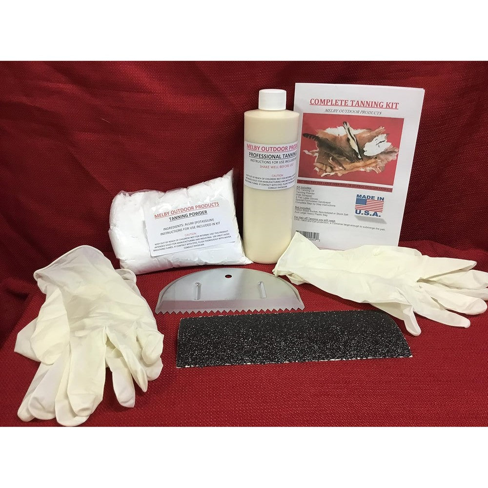 Melby Outdoors Fur Tanning Kit front view showing box and components.