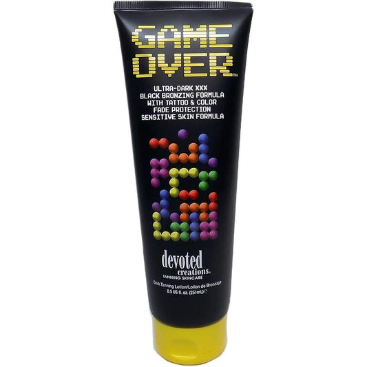 Devoted Creations Game Over Ultra Dark XXX Black Bronzing Tanning Lotion bottle front view