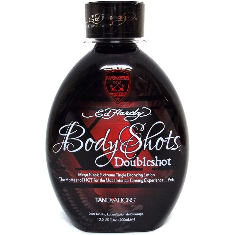 Tanovations Ed Hardy Body Shots Double Shot Warning Mega Extreme Hot Tingle Bronzing Lotion front view