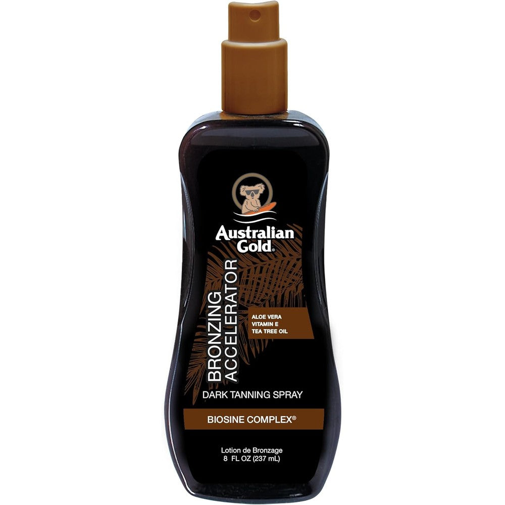Australian Gold dark tanning accelerator spray gel front view bottle packaging