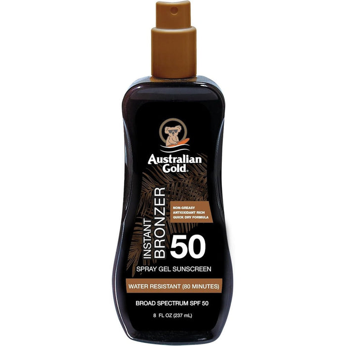 Australian Gold spray gel sunscreen front view packaging bottle