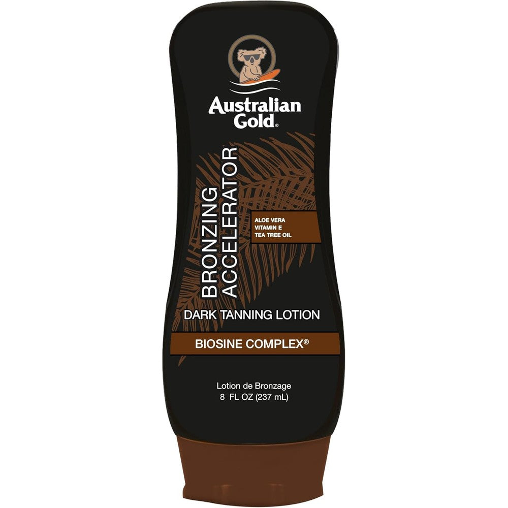 Australian Gold dark tanning accelerator lotion with bronzer front view bottle