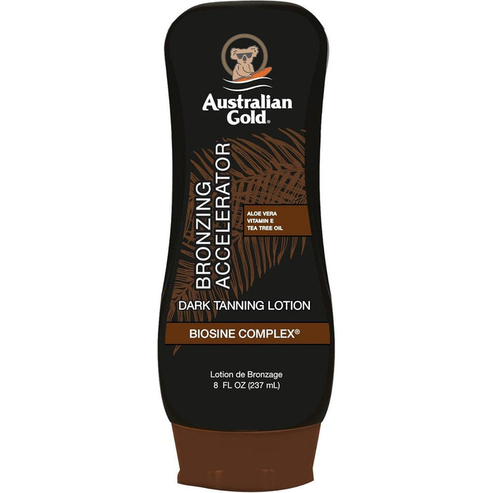 Australian Gold dark tanning accelerator lotion with bronzer front view bottle