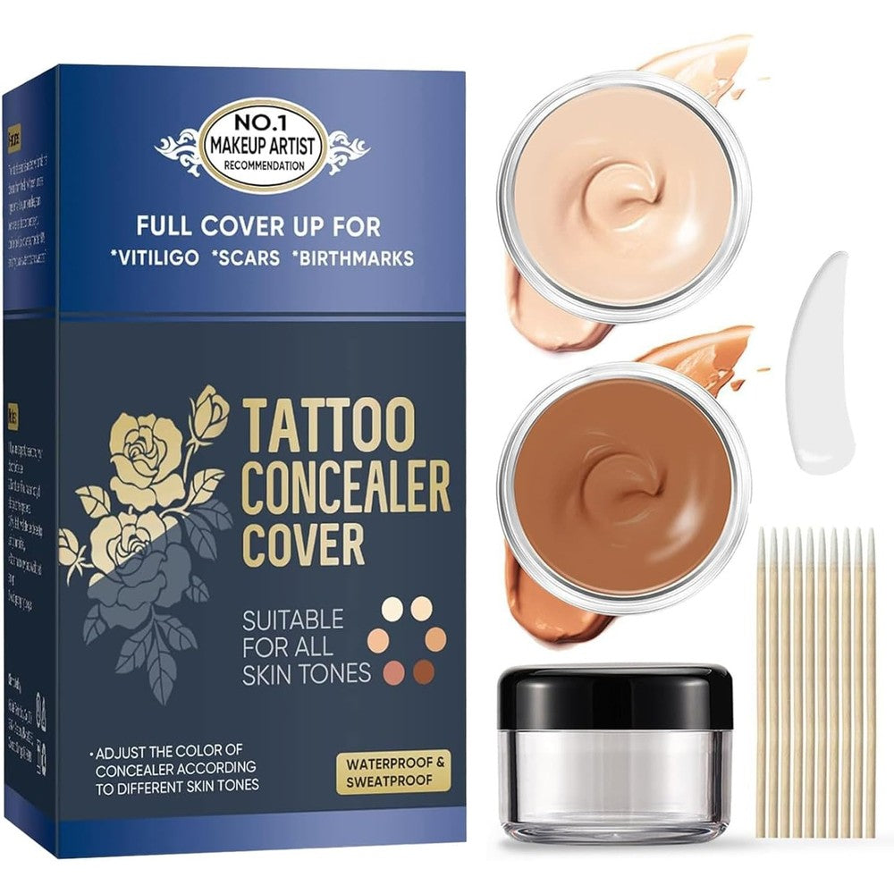 Exvitamin tattoo cover up concealer kit front view showcasing two color pots.