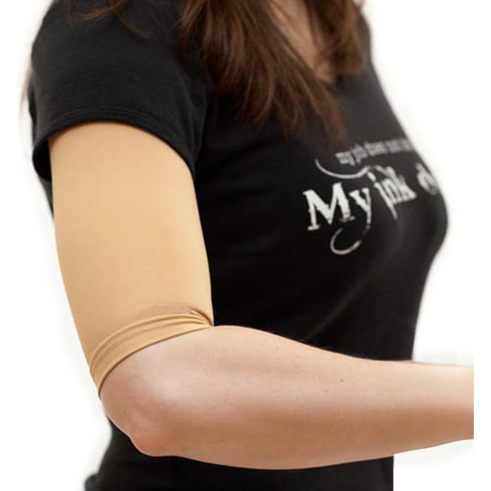 Tatjacket tattoo cover up sleeve front view medium tan
