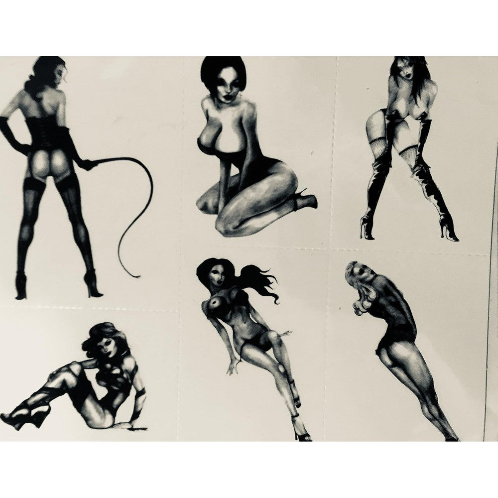Definitions Retro Pinup Girls Black Henna Temporary Tattoos front view sheet set