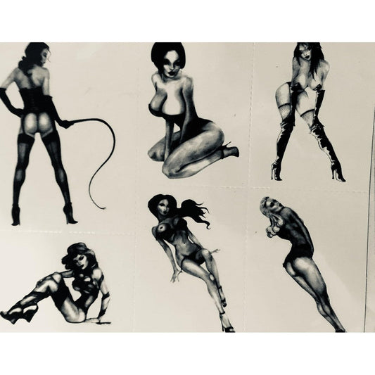 Definitions retro pinup girls black henna style temporary tattoos sheet front view showcasing six vintage body art designs.