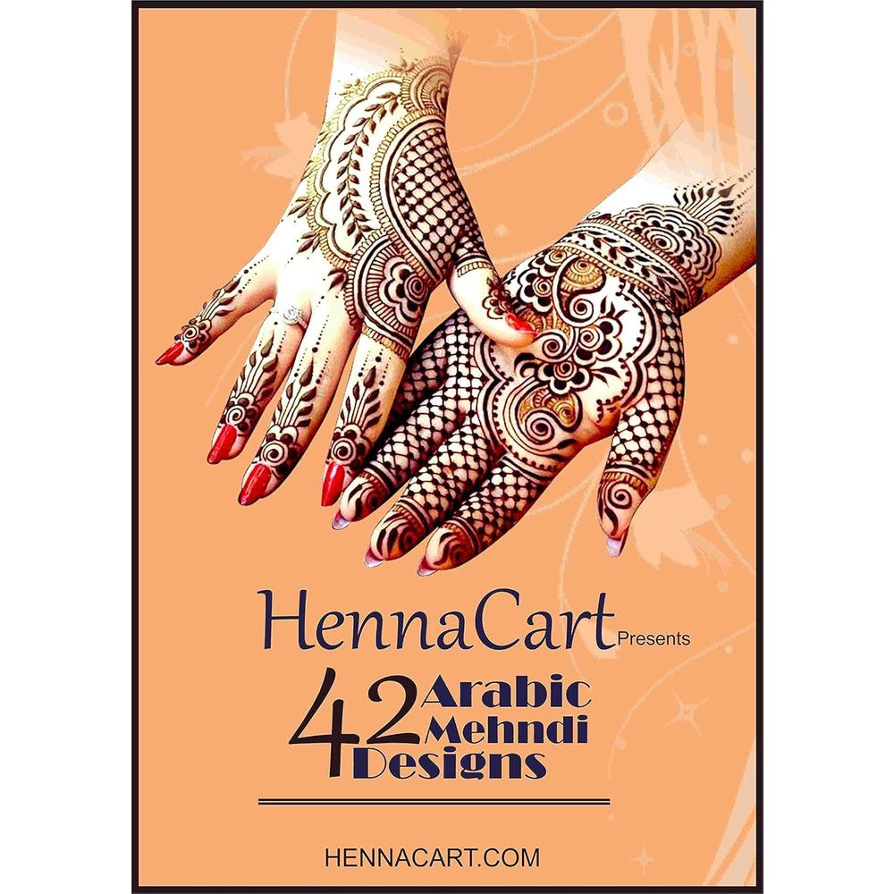 Henna Cart 42 Arabic Mehndi Designs For Hands front cover showing beautiful temporary tattoo henna patterns.