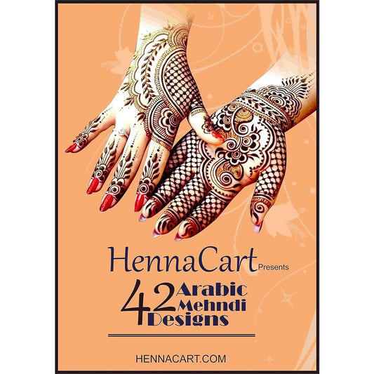 Henna Cart 42 Arabic Mehndi Designs For Hands front cover showing beautiful temporary tattoo henna patterns.