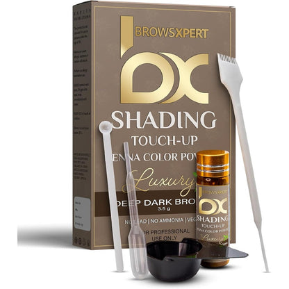 Brows Xpert Professional Shading Touch Up Kit front view showing deep dark brown henna powder box