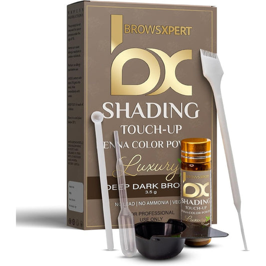 Brows Xpert Professional Shading Touch Up Kit front view showing deep dark brown henna powder box