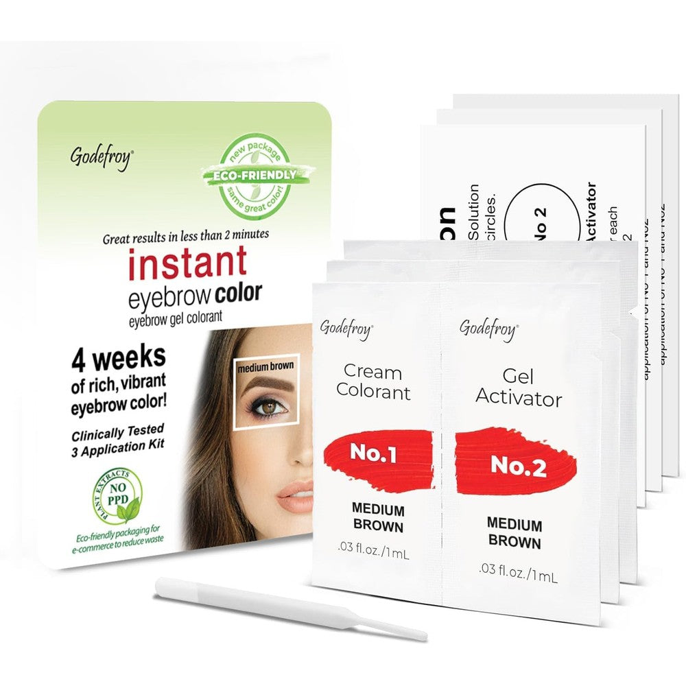 Godefroy Instant Eyebrow Color Medium Brown front packaging view for salon-quality eyebrow tinting.