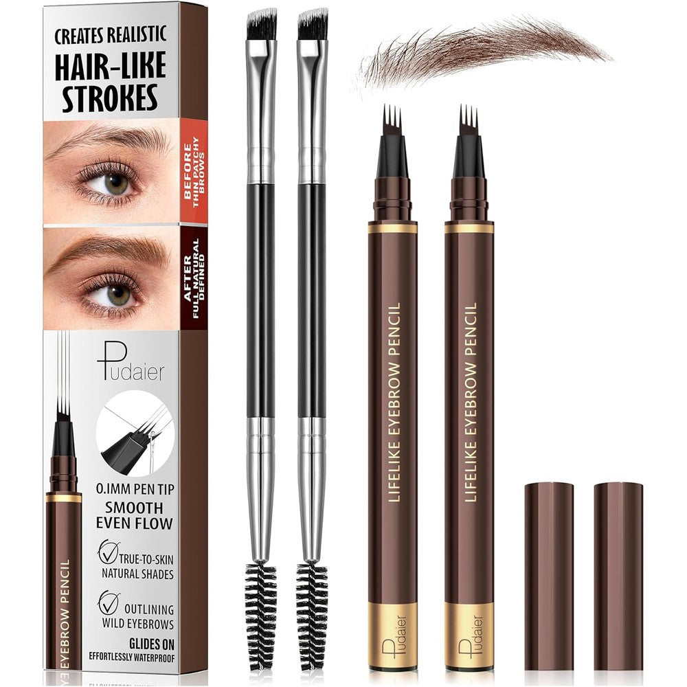 Espoce 4-Tip Microblading Eyebrow Pen front view package showing two dark brown pens and two brow brushes.