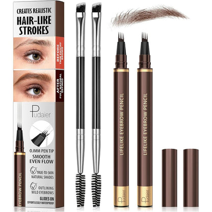 Espoce 4-Tip Microblading Eyebrow Pen front view package showing two dark brown pens and two brow brushes.