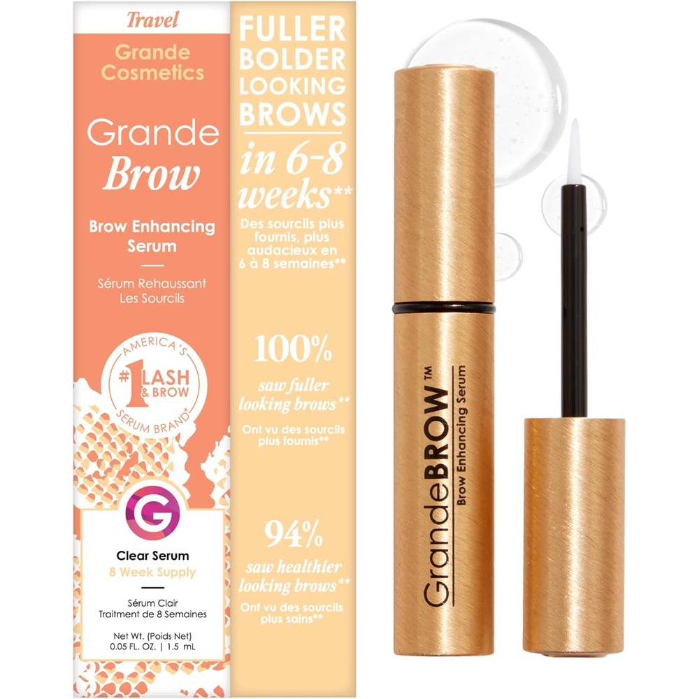 Grande Cosmetics GrandeBROW Brow Enhancing Serum tube and applicator brush for eyebrows