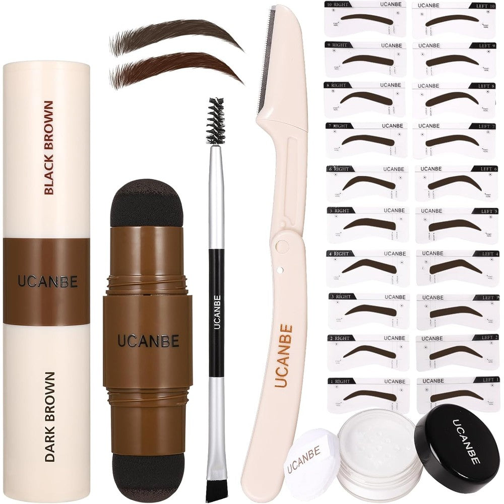 UCANBE 25 Pieces Eyebrow Stamp Stencil Kit Kit 04 front view showcasing the entire makeup set layout