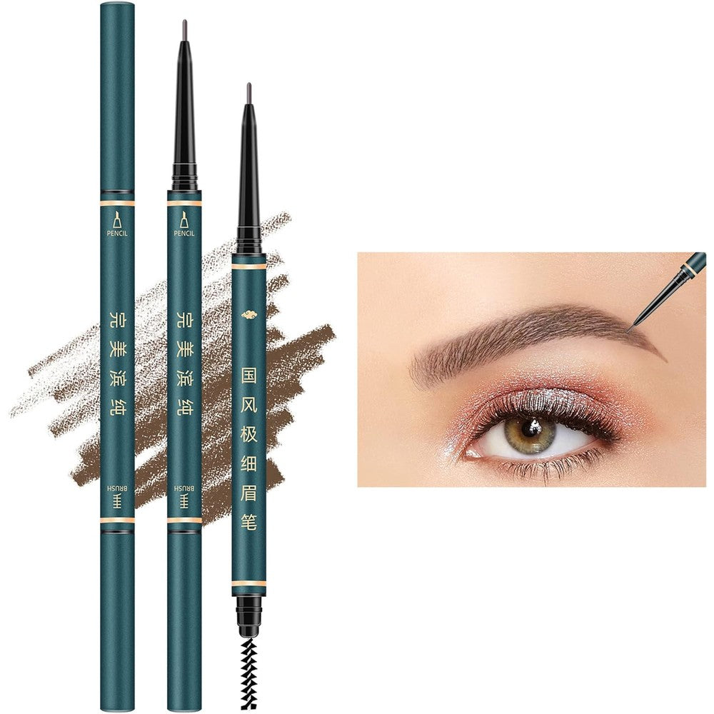 BECHY Waterproof Professional Makeup Micro Brow Pencil Kit front view with three dark brown pencils and grooming accessories.