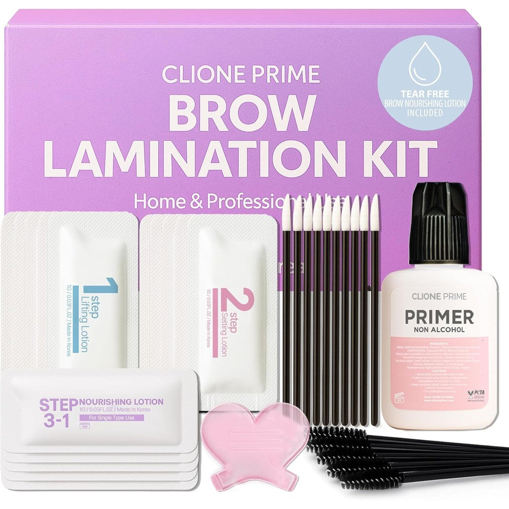 CLIONE PRIME At Home Brow Lamination Kit front packaging showing the DIY eyebrow lift components.