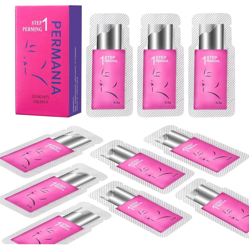 PERMANIA Lash Lift Kit Step One Prep front view box packaging containing ten perming lotion sachets