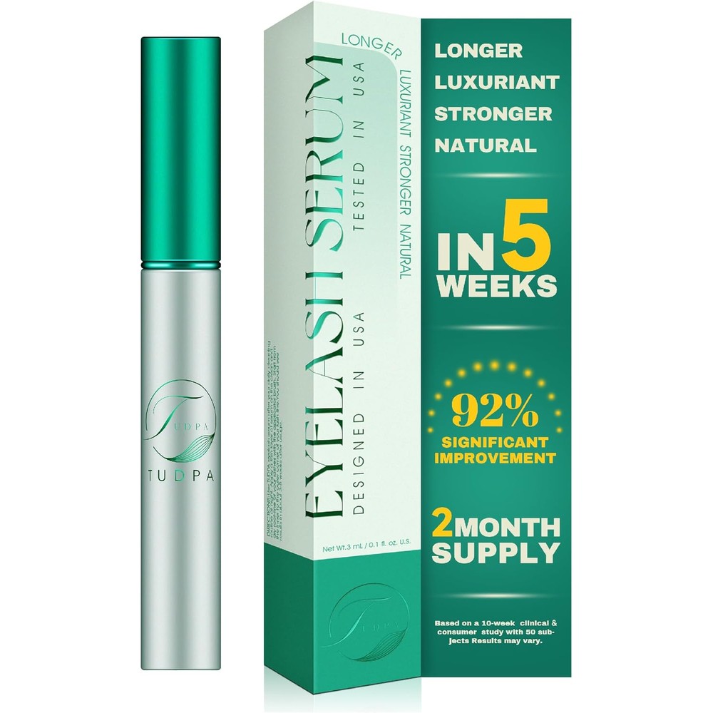 TUDPA Eyelash Growth Serum silver tube with green cap front view