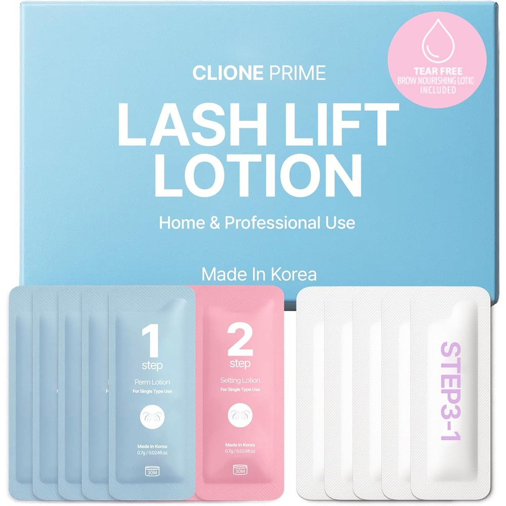 Clione Prime Korean Lash Lift Lotion and Eyebrow Lamination Kit front packaging view showcasing professional eye styling sachets