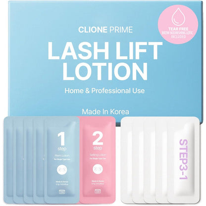 Clione Prime Korean Lash Lift Lotion and Eyebrow Lamination Kit front packaging view showcasing professional eye styling sachets