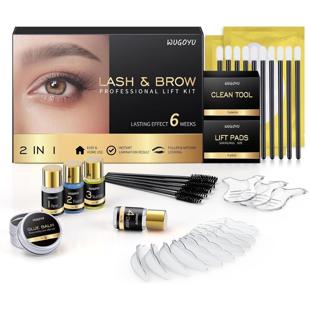 Wugoyu 2 In 1 Lash Lift And Brow Lamination Kit front packaging showing the premium at home beauty perming solutions