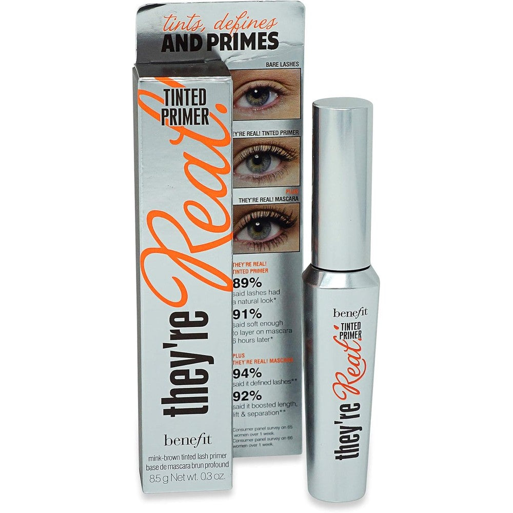 Benefit Cosmetics They're Real Tinted Eyelash Primer Mink Brown front view showing the product tube and wand packaging.