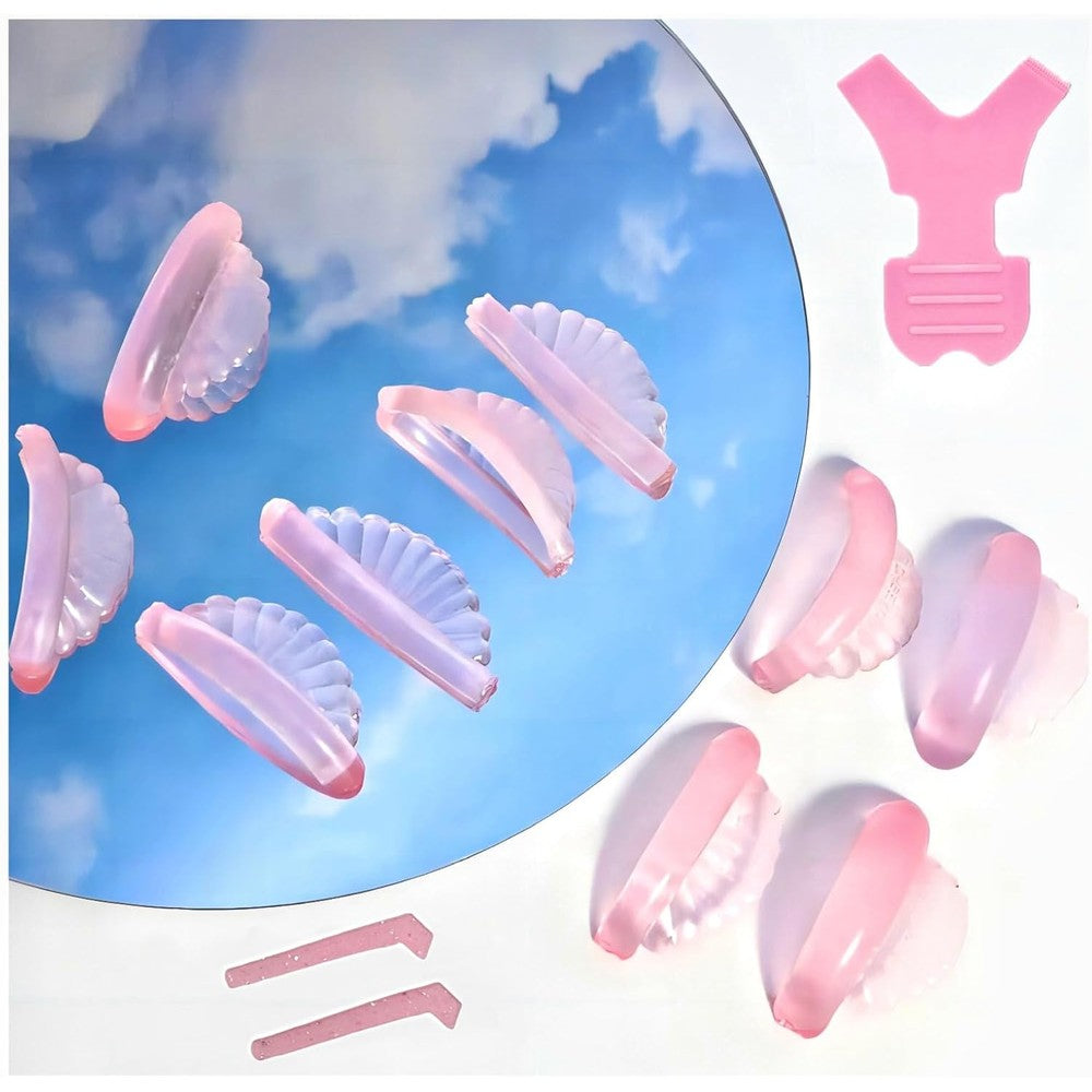 Liber Beauty Korean Lash Lift Pads Shields pack front view showing pink silicone curler rods