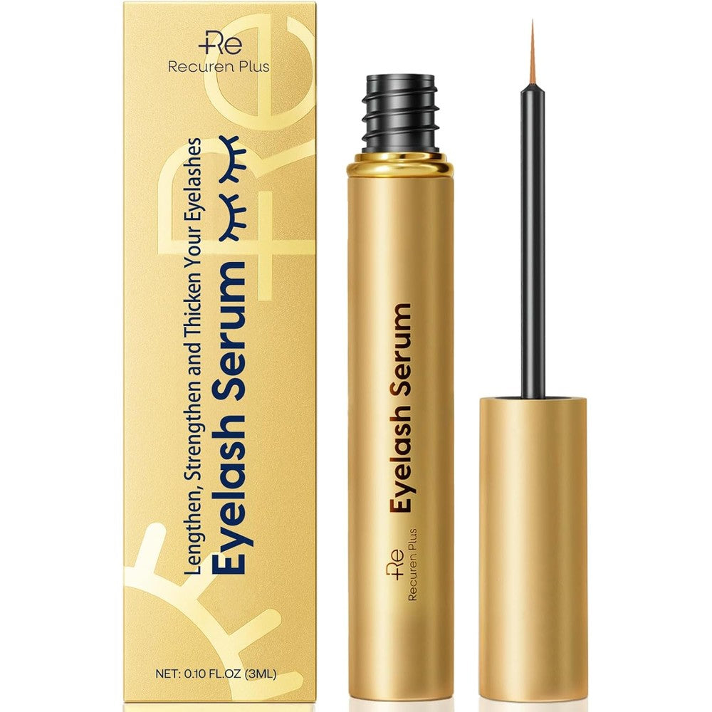 Recuren Plus Premium Eyelash Growth Serum front view of Champagne Gold tube packaging