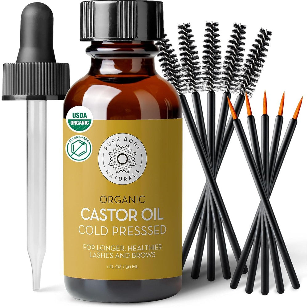 Pure Body Naturals Organic Castor Oil front view bottle with eyelash and eyebrow applicator kit
