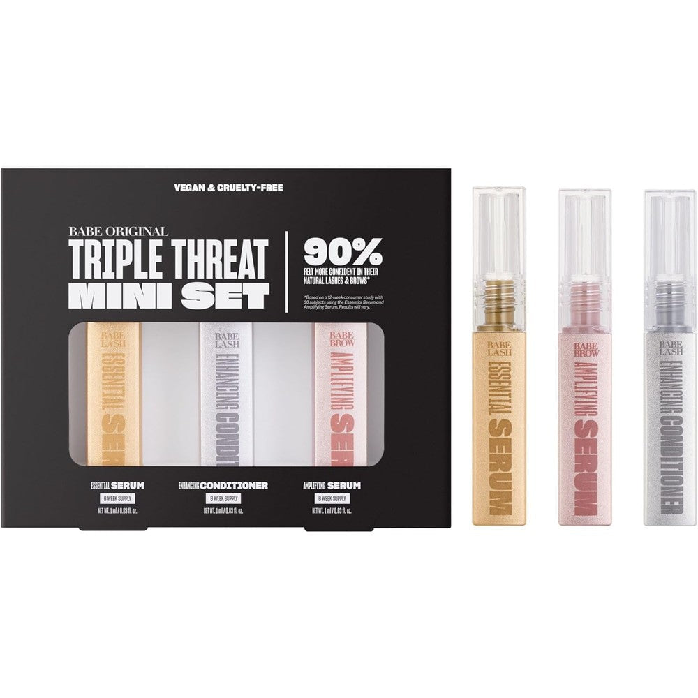 Babe Original Triple Threat Mini Lash and Brow Set packaging front view showing three mini treatment bottles