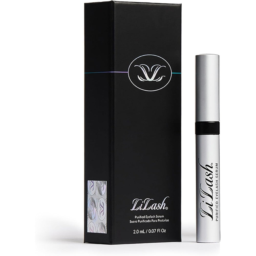 LiLash Purified Eyelash Growth Serum 2 Milliliter front view of packaging and applicator brush for longer lashes