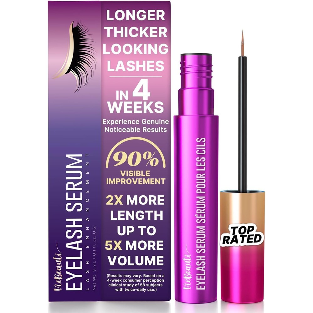 VieBeauti Lash Serum for Eyelash Growth front view of purple three milliliters bottle with fine tip applicator brush