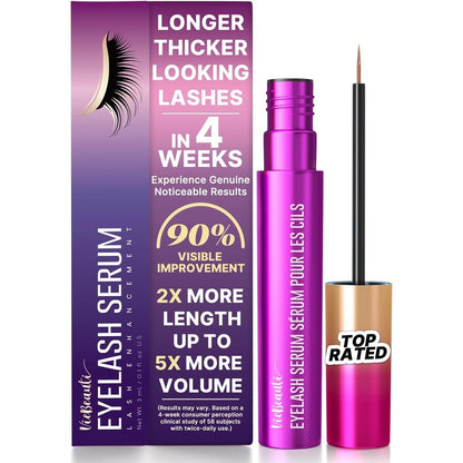 VieBeauti Lash Serum for Eyelash Growth front view of purple three milliliters bottle with fine tip applicator brush