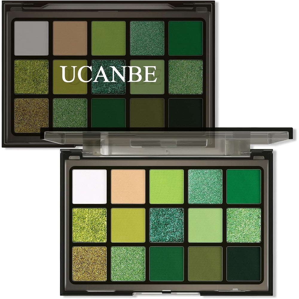 Ucanbe Green Eyeshadow Makeup Palette front view showing 15 colors