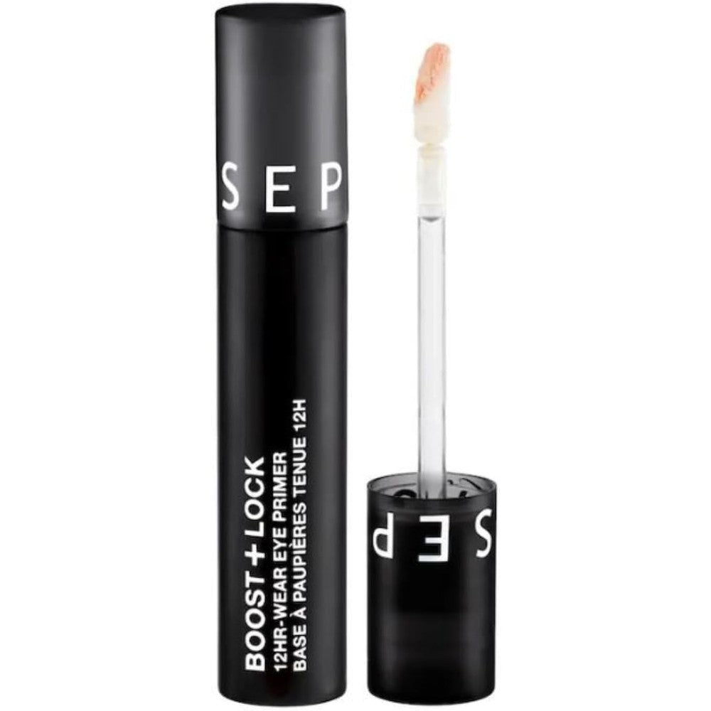 Sephora Favorites Boost and Lock 12HR Wear Eye Primer front view black tube with applicator for long lasting eyeshadow look