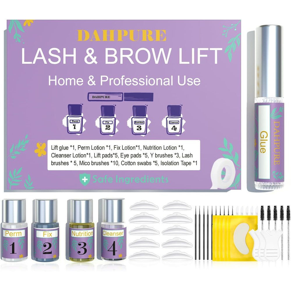 Dahpure Lash Lift and Eyebrow Lamination Kit front view displaying professional solutions and tools.