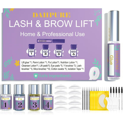 Dahpure Lash Lift and Eyebrow Lamination Kit front view displaying professional solutions and tools.